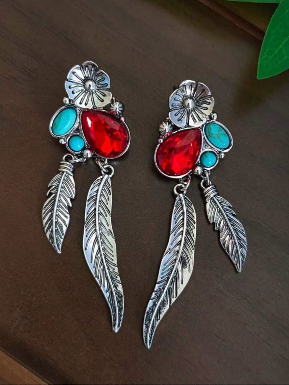 Bohemian Red and Turquoise Feather Drop Earrings